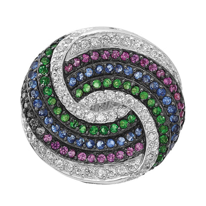 Sterlingsilber Schwarz Rhodium Blau/green Glas Synth. Rubin & Zirkonia Ring