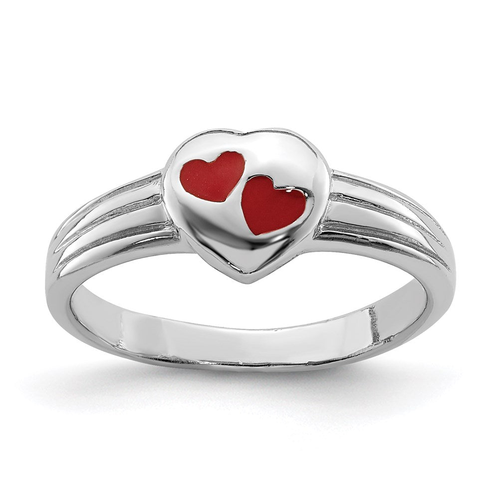 Sterlingsilber Rhodiniert Poliert & Rot Emailliert Herz Kinder Ring