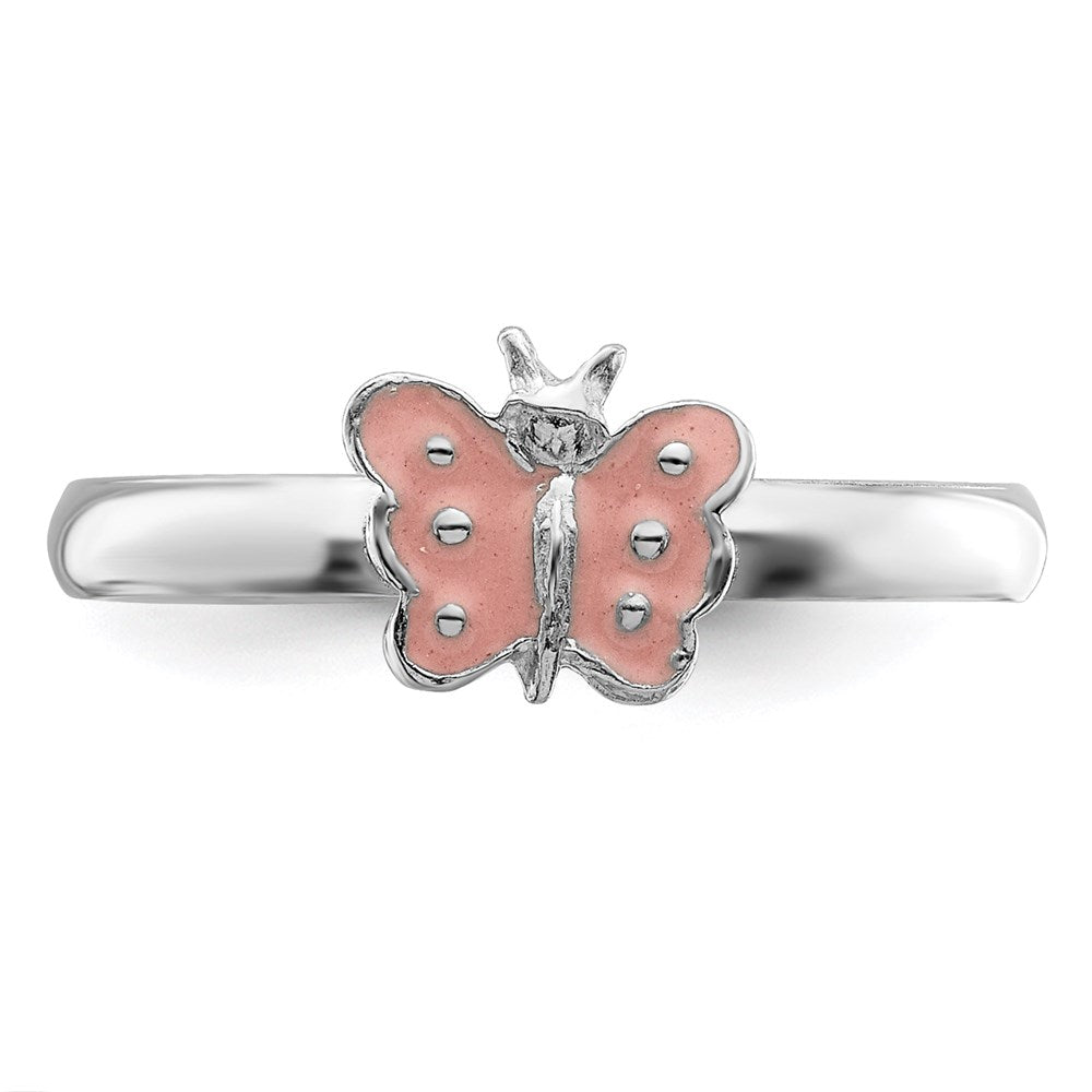 Sterlingsilber Rhodiniert Poliert Rosa Emailliert Schmetterling Kinder Ring