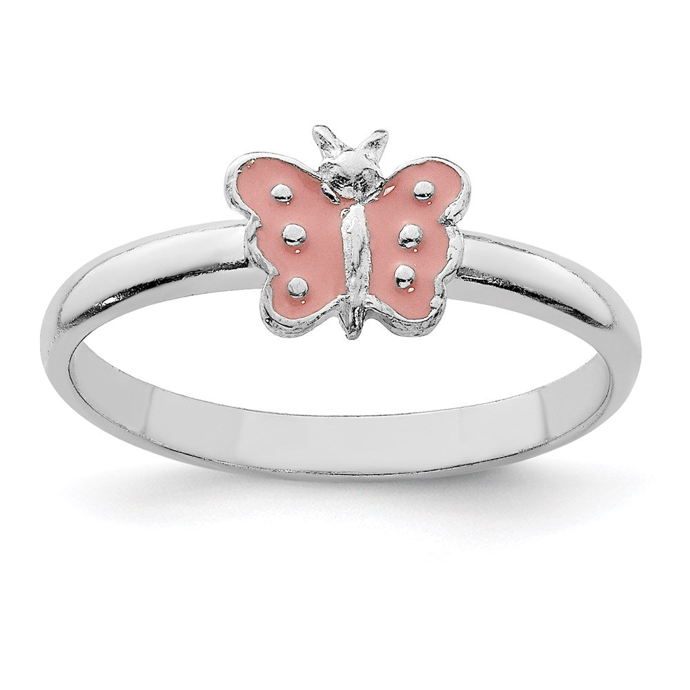 Sterlingsilber Rhodiniert Poliert Rosa Emailliert Schmetterling Kinder Ring