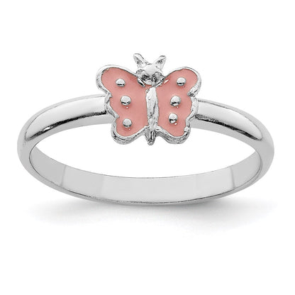 Sterlingsilber Rhodiniert Poliert Rosa Emailliert Schmetterling Kinder Ring