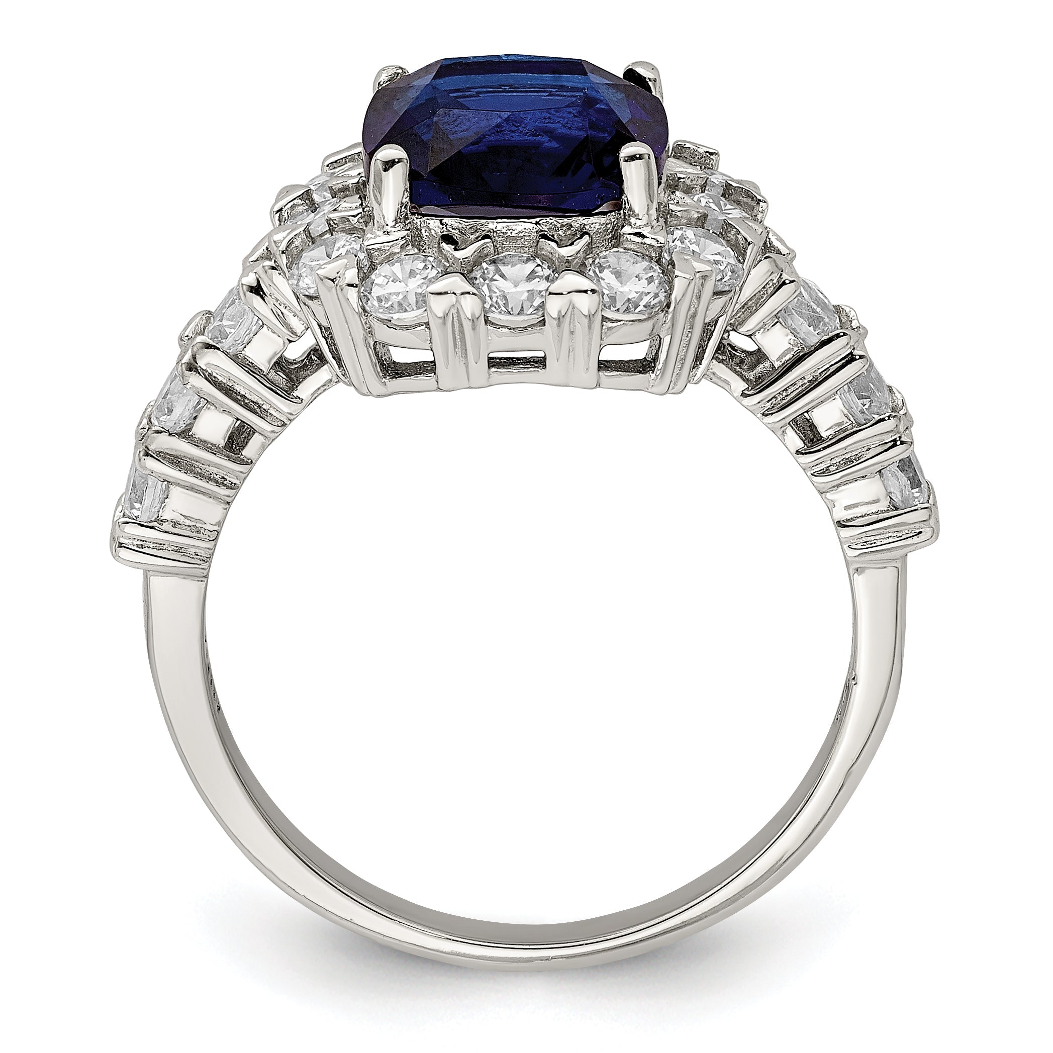 Sterlingsilber Rhodiniert Poliert Blau Glas und Zirkonia Ring
