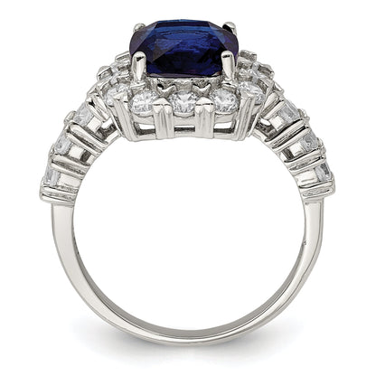 Sterlingsilber Rhodiniert Poliert Blau Glas und Zirkonia Ring