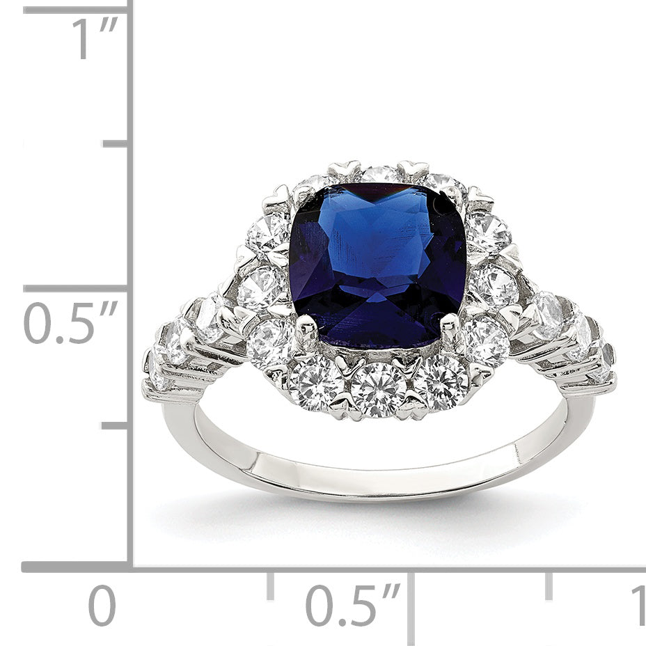 Sterlingsilber Rhodiniert Poliert Blau Glas und Zirkonia Ring