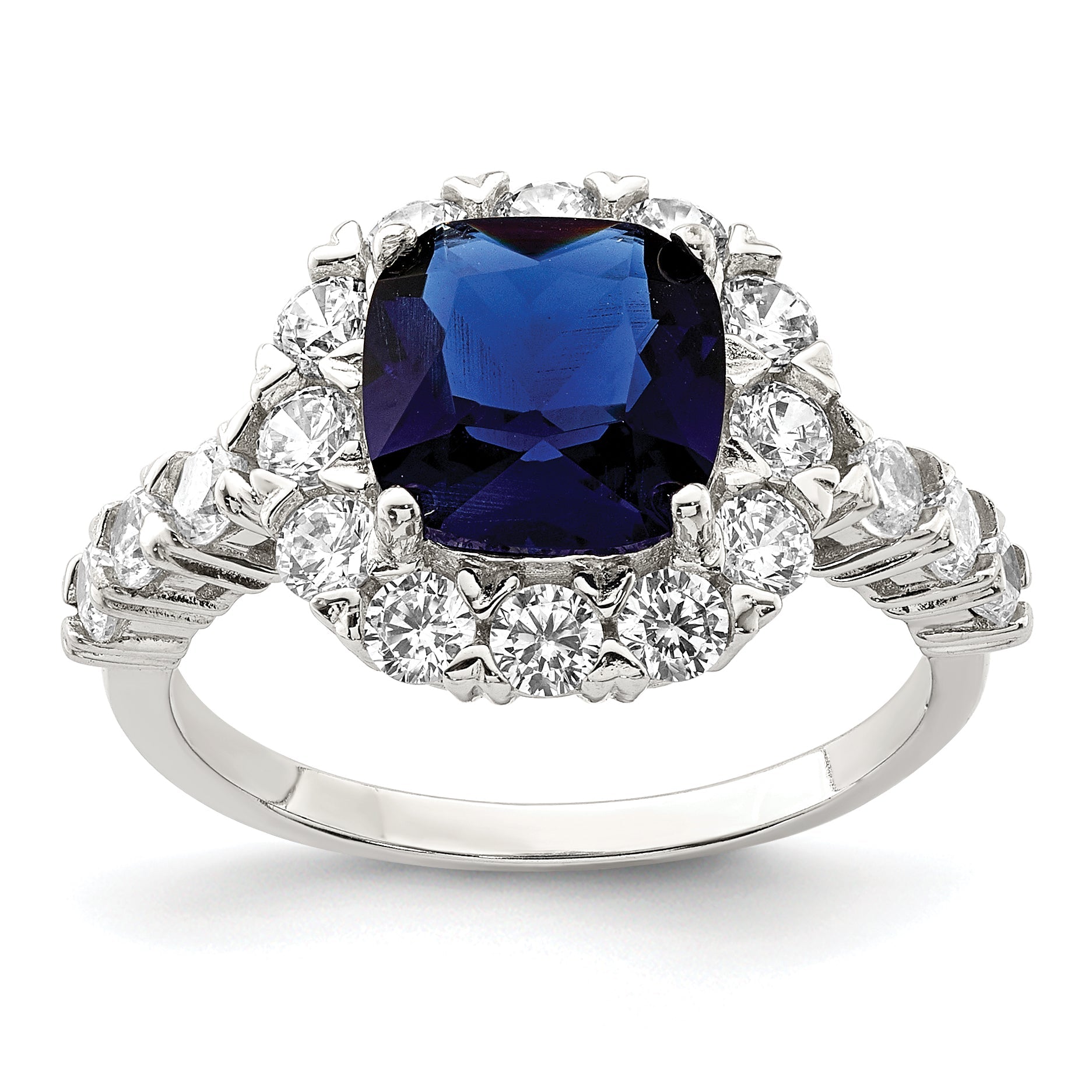 Sterlingsilber Rhodiniert Poliert Blau Glas und Zirkonia Ring