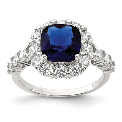 Sterlingsilber Rhodiniert Poliert Blau Glas und Zirkonia Ring