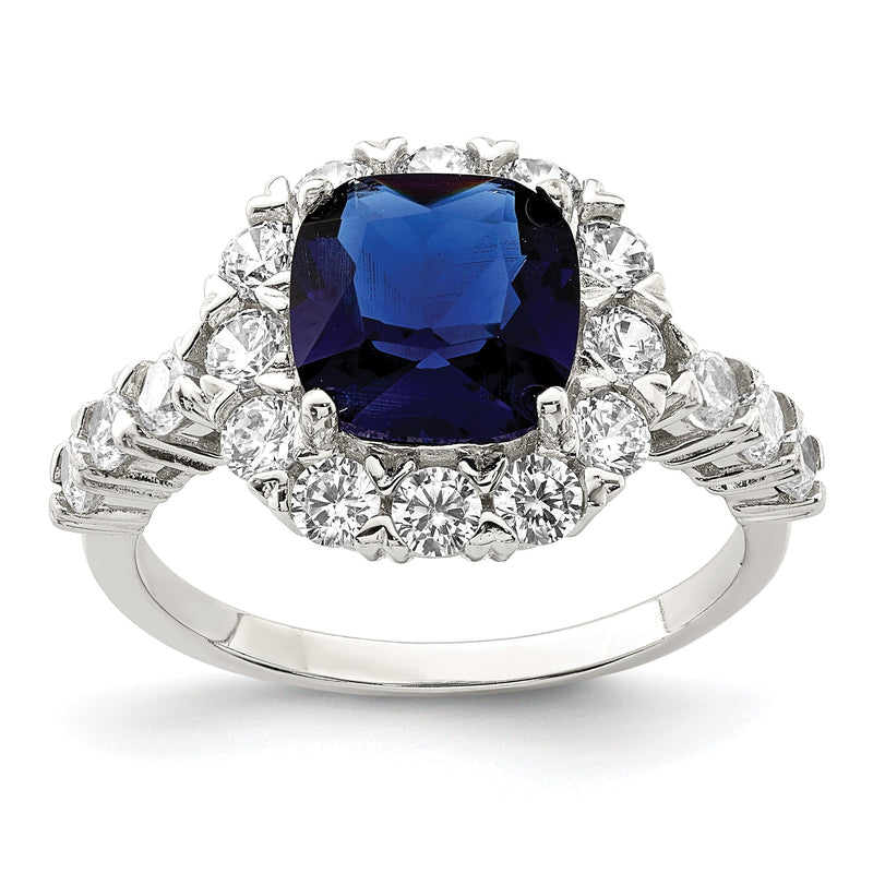 Sterlingsilber Rhodiniert Poliert Blau Glas und Zirkonia Ring
