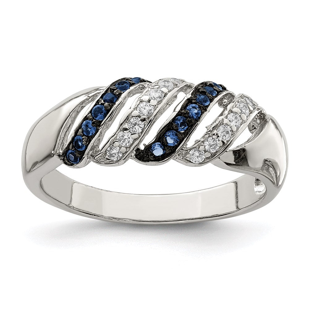 Sterlingsilber Rhodiniert Poliert Zirkonia & Blau Glas Stein Ring