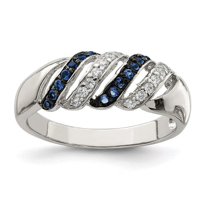 Sterlingsilber Rhodiniert Poliert Zirkonia & Blau Glas Stein Ring
