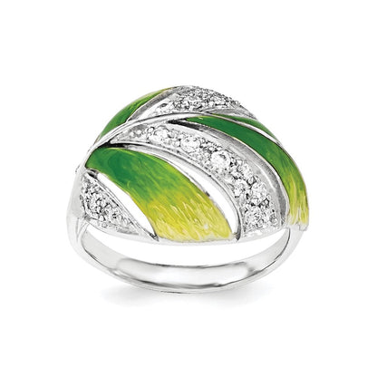 Sterlingsilber Grün und Gelb Emaille Blatt Zirkonia Ring