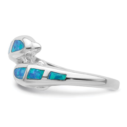 Sterlingsilber Rhodiniert Erzeugt Blau Opal Dolphins Ring
