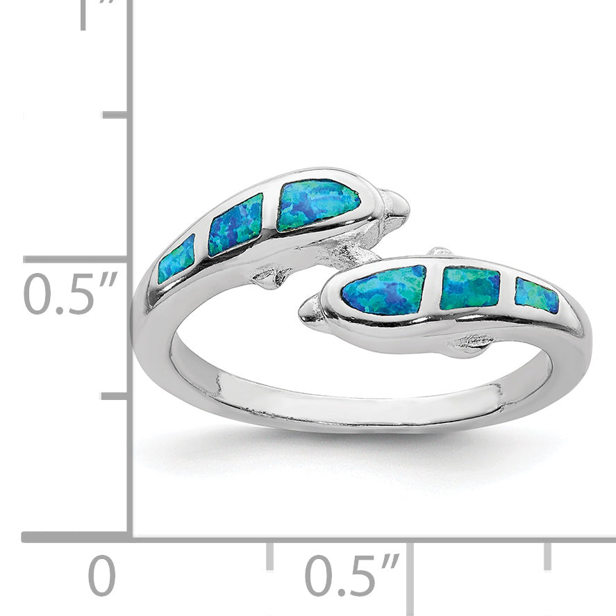 Sterlingsilber Rhodiniert Erzeugt Blau Opal Dolphins Ring