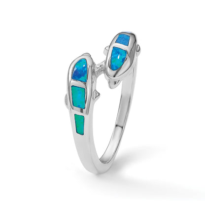 Sterlingsilber Rhodiniert Erzeugt Blau Opal Dolphins Ring