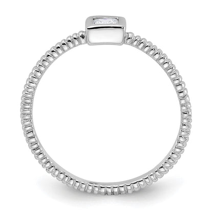 Sterlingsilber Rhodiniert Poliert & Strukturiert Zirkonia Quadratisch Ring