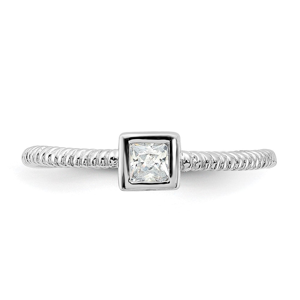 Sterlingsilber Rhodiniert Poliert & Strukturiert Zirkonia Quadratisch Ring
