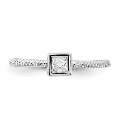 Sterlingsilber Rhodiniert Poliert & Strukturiert Zirkonia Quadratisch Ring