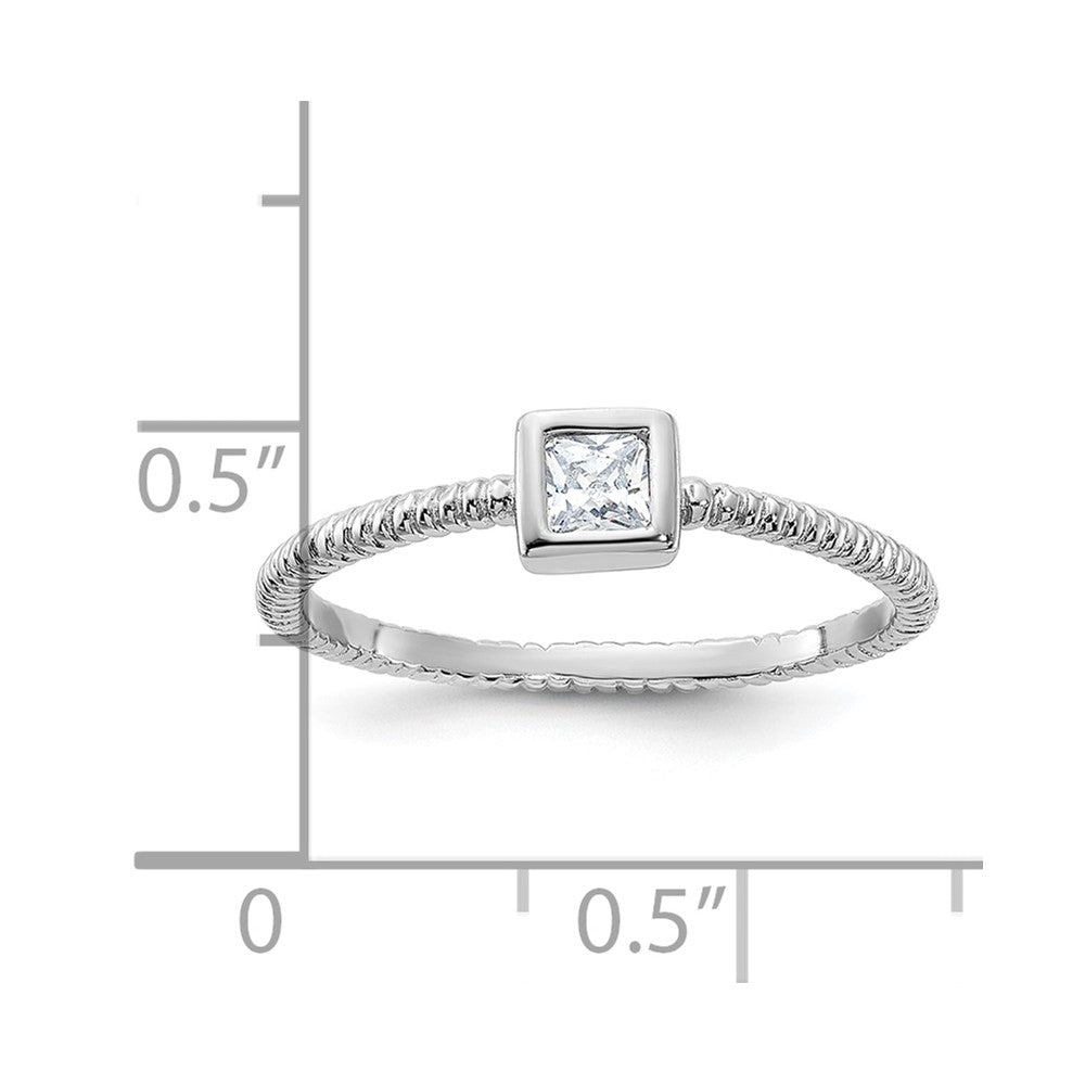 Sterlingsilber Rhodiniert Poliert & Strukturiert Zirkonia Quadratisch Ring