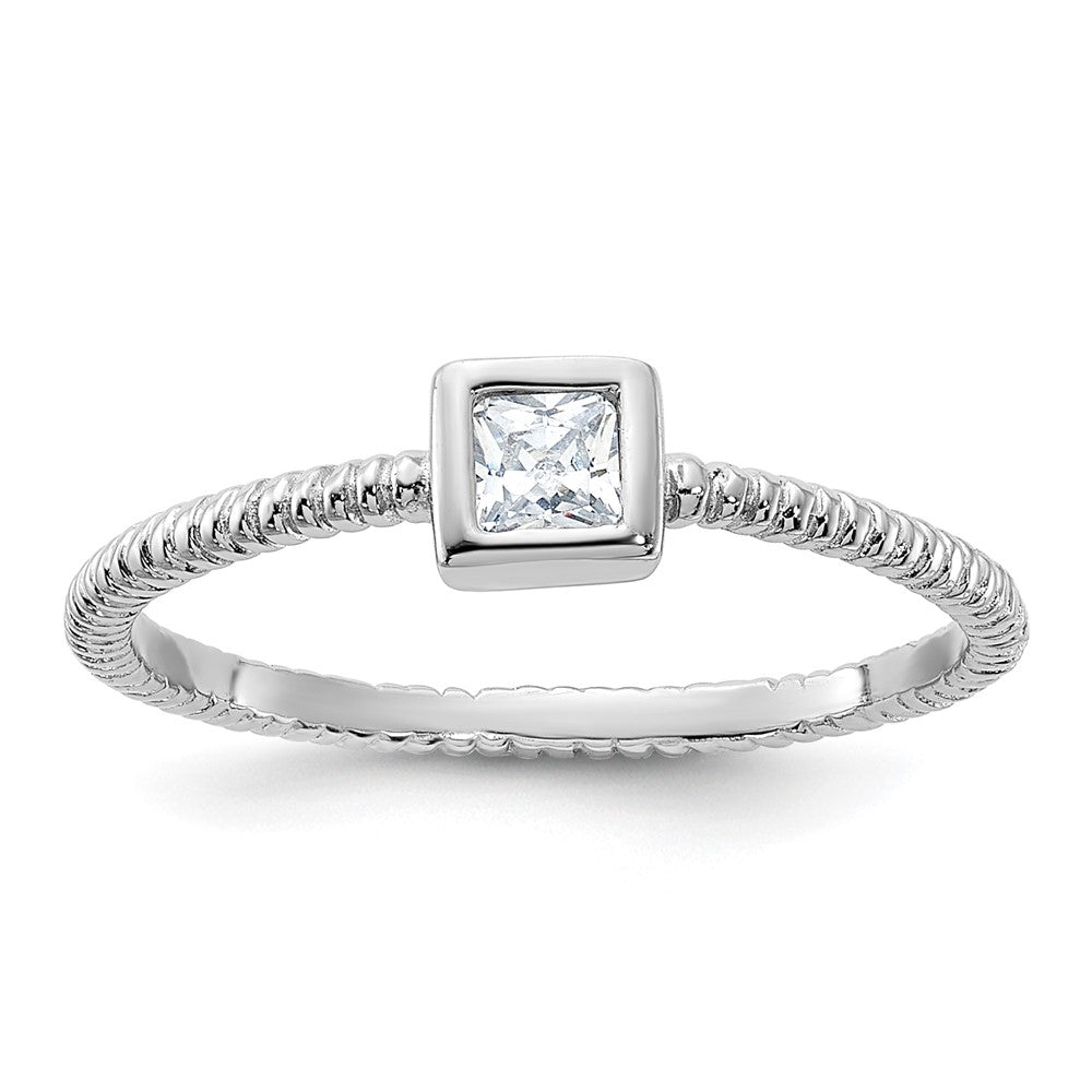 Sterlingsilber Rhodiniert Poliert & Strukturiert Zirkonia Quadratisch Ring