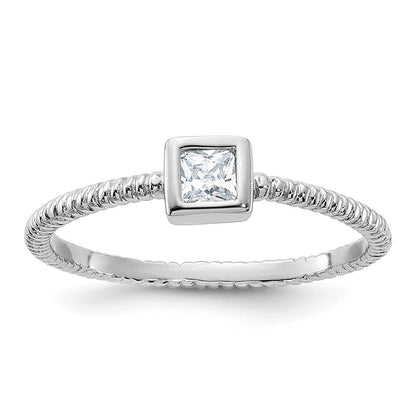 Sterlingsilber Rhodiniert Poliert & Strukturiert Zirkonia Quadratisch Ring