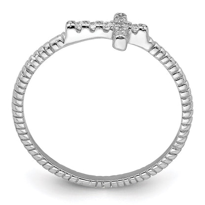 Sterlingsilber Rhodiniert Poliert & Strukturiert Zirkonia Kreuz Ring