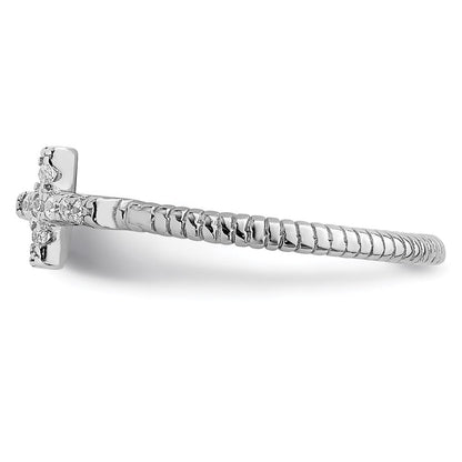 Sterlingsilber Rhodiniert Poliert & Strukturiert Zirkonia Kreuz Ring