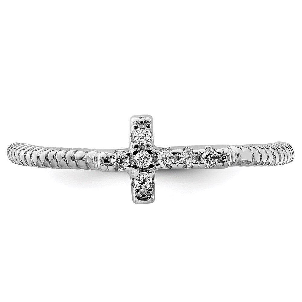 Sterlingsilber Rhodiniert Poliert & Strukturiert Zirkonia Kreuz Ring