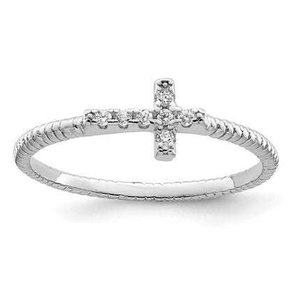 Sterlingsilber Rhodiniert Poliert & Strukturiert Zirkonia Kreuz Ring
