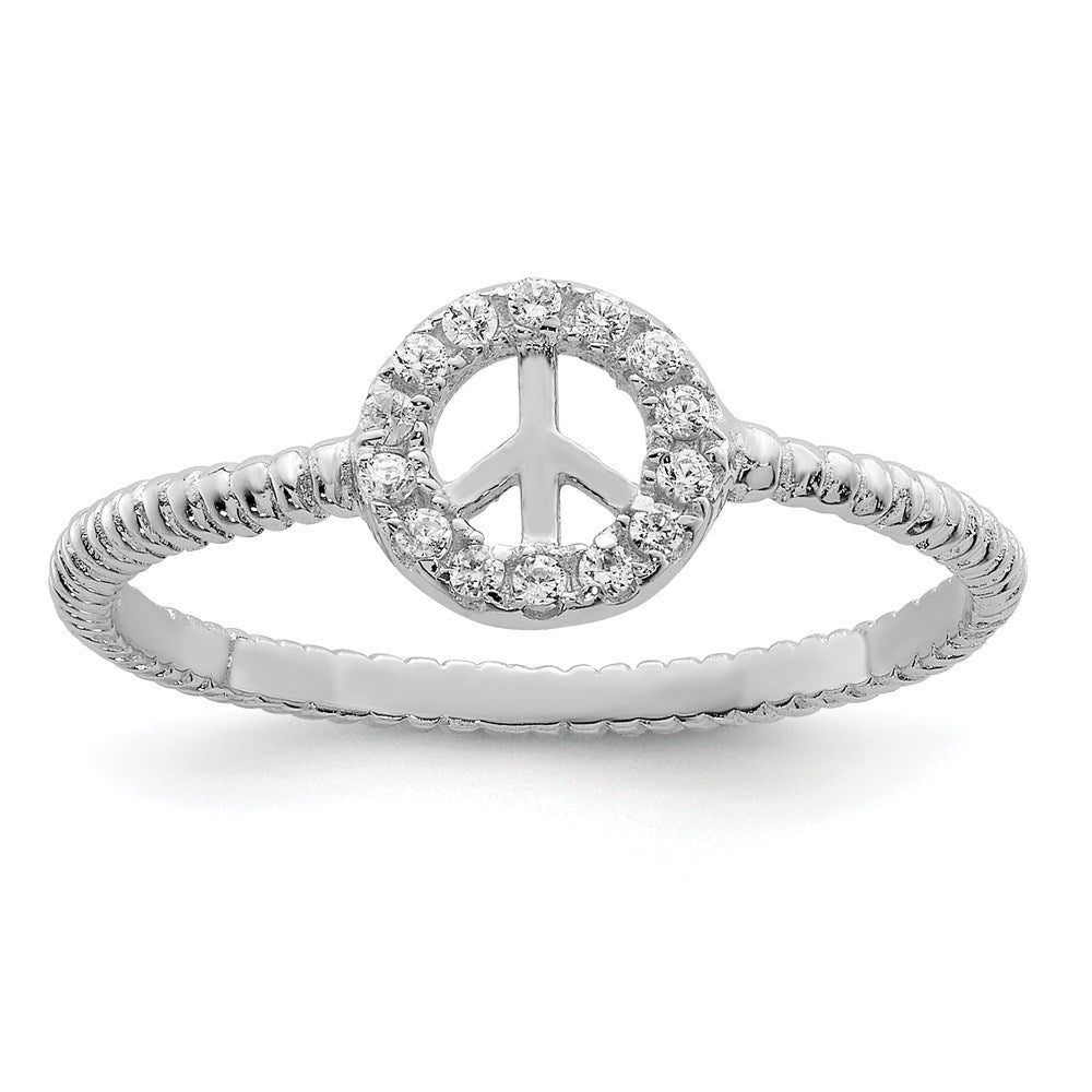 Sterlingsilber Rhodiniert Poliert & Strukturiert Zirkonia Frieden Ring (size 8 Nur)