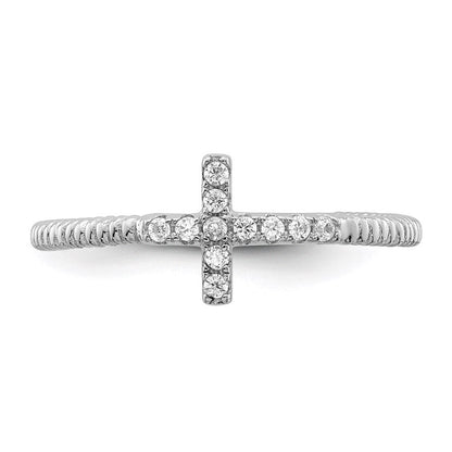 Sterlingsilber Rhodiniert Poliert & Strukturiert Zirkonia Kreuz Ring
