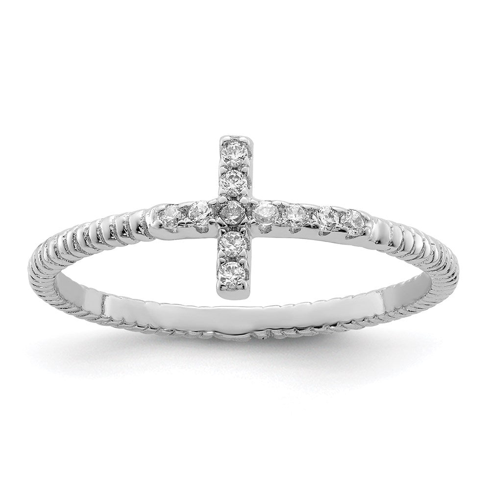 Sterlingsilber Rhodiniert Poliert & Strukturiert Zirkonia Kreuz Ring