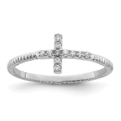 Sterlingsilber Rhodiniert Poliert & Strukturiert Zirkonia Kreuz Ring