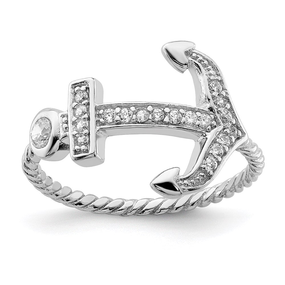 Sterlingsilber Rhodiniert Poliert und Strukturiert Zirkonia Anker Ring