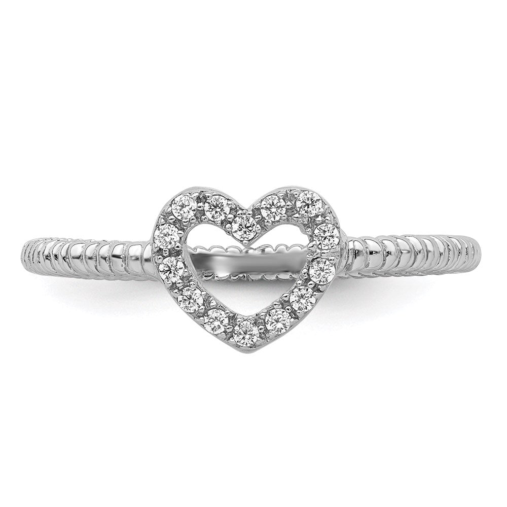 Sterlingsilber Rhodiniert Poliert & Strukturiert Zirkonia Herz Ring