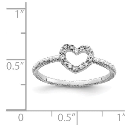 Sterlingsilber Rhodiniert Poliert & Strukturiert Zirkonia Herz Ring