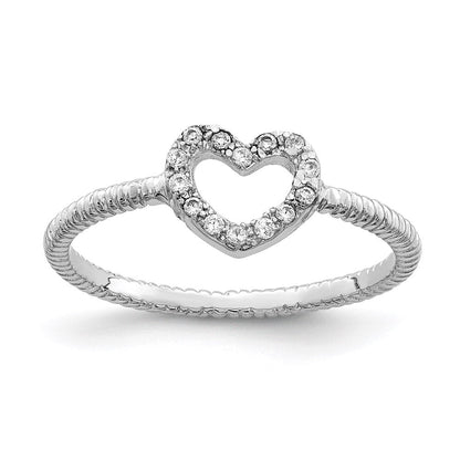 Sterlingsilber Rhodiniert Poliert & Strukturiert Zirkonia Herz Ring