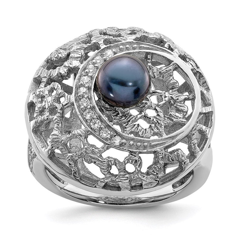 Sterlingsilber Rhodiniert Filigran Muster Zirkonia Accented Schwarz Süßwasser Zuchtperle Rund Ring