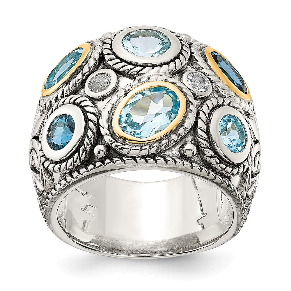 Silber/14K Bicolor Sterlingsilber 14K Gold und Blautopas Fantasie Ring