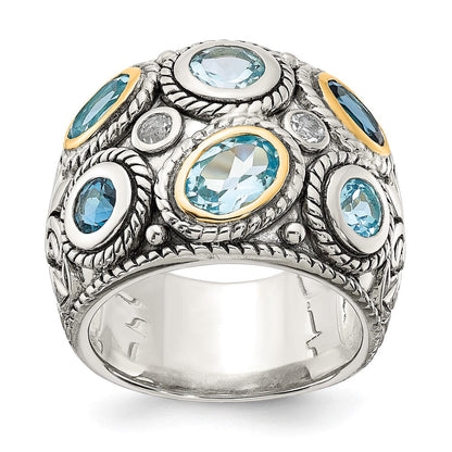 Silber/14K Bicolor Sterlingsilber 14K Gold und Blautopas Fantasie Ring
