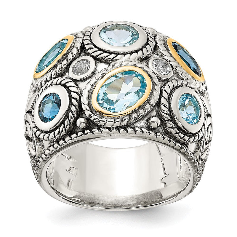 Silber/14K Bicolor Sterlingsilber 14K Gold und Blautopas Fantasie Ring