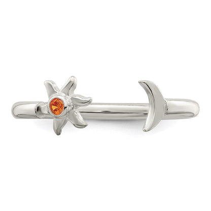 Sterlingsilber Poliert Halb Mond und Sonne Orange Zirkonia Verstellbar Ring