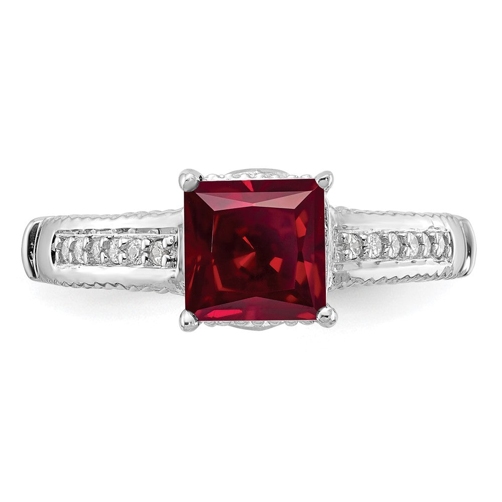 Sterlingsilber Rhodiniert Synthetisch Rubin und Zirkonia Ring
