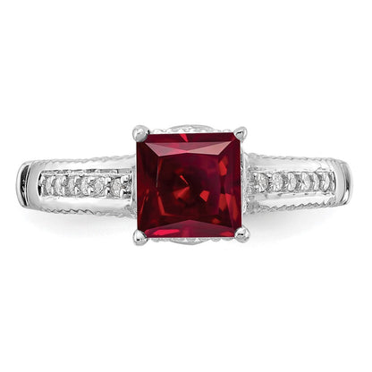 Sterlingsilber Rhodiniert Synthetisch Rubin und Zirkonia Ring