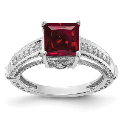 Sterlingsilber Rhodiniert Synthetisch Rubin und Zirkonia Ring