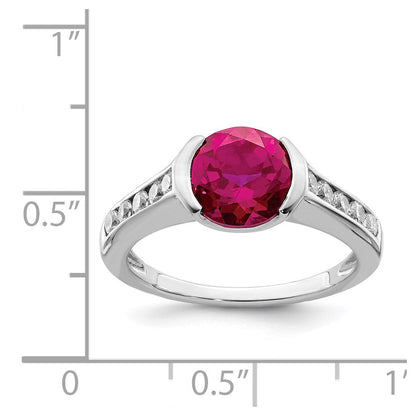 Sterlingsilber Rhodiniert Synthetisch Rubin und Zirkonia Zargenfassung Ring