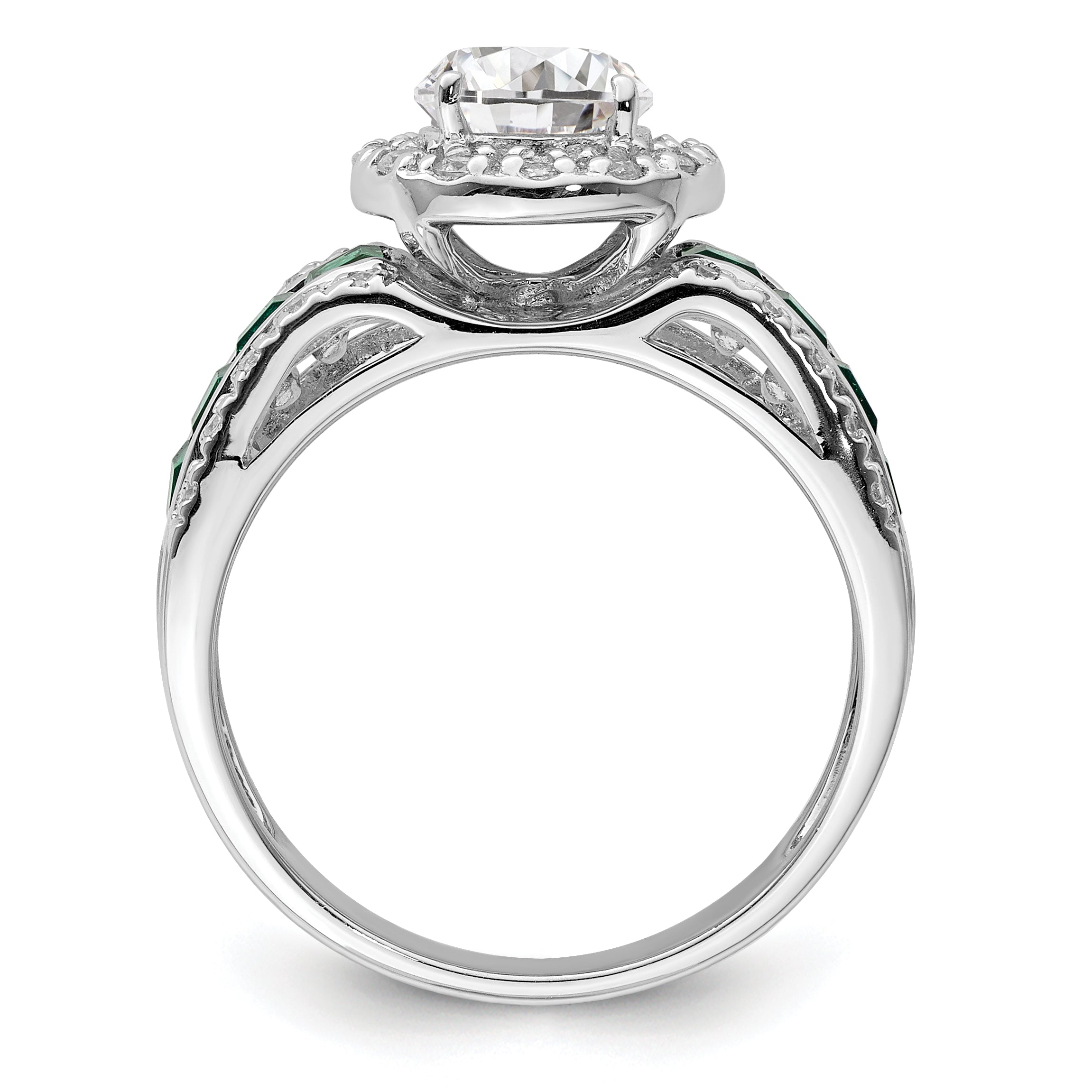 Sterlingsilber Rhodiniert Zirkonia und Im Labor Erzeugt Smaragd Ring