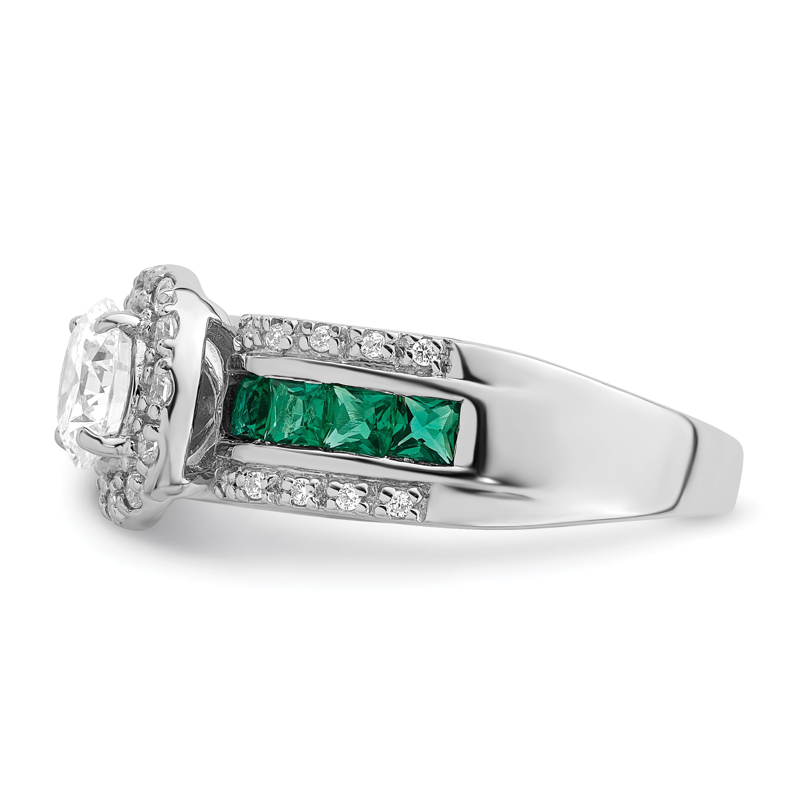 Sterlingsilber Rhodiniert Zirkonia und Im Labor Erzeugt Smaragd Ring