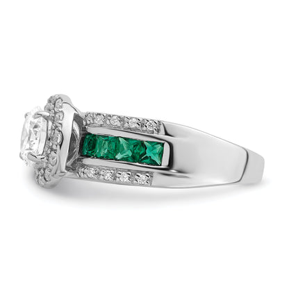 Sterlingsilber Rhodiniert Zirkonia und Im Labor Erzeugt Smaragd Ring