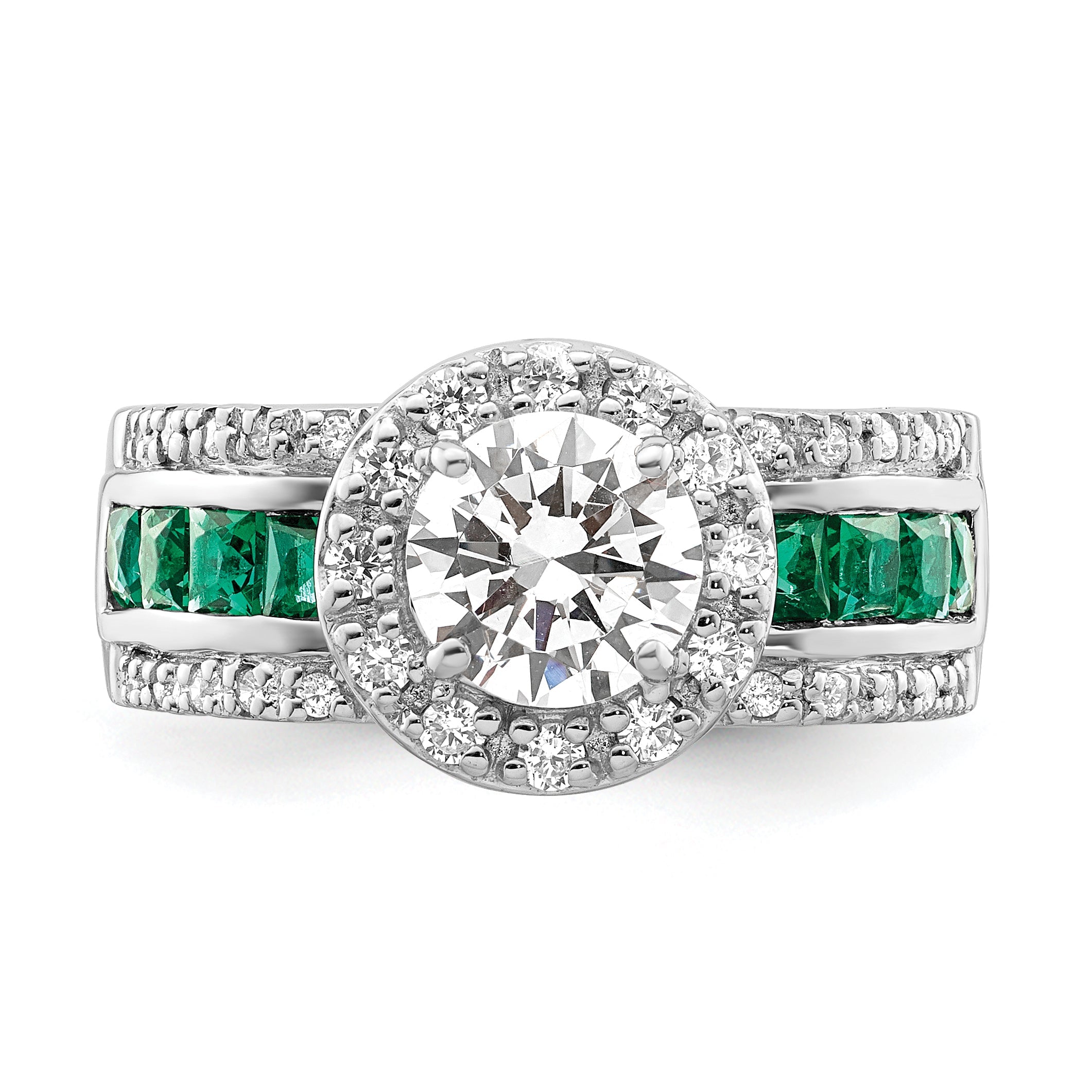 Sterlingsilber Rhodiniert Zirkonia und Im Labor Erzeugt Smaragd Ring