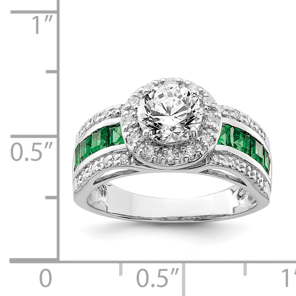 Sterlingsilber Rhodiniert Zirkonia und Im Labor Erzeugt Smaragd Ring