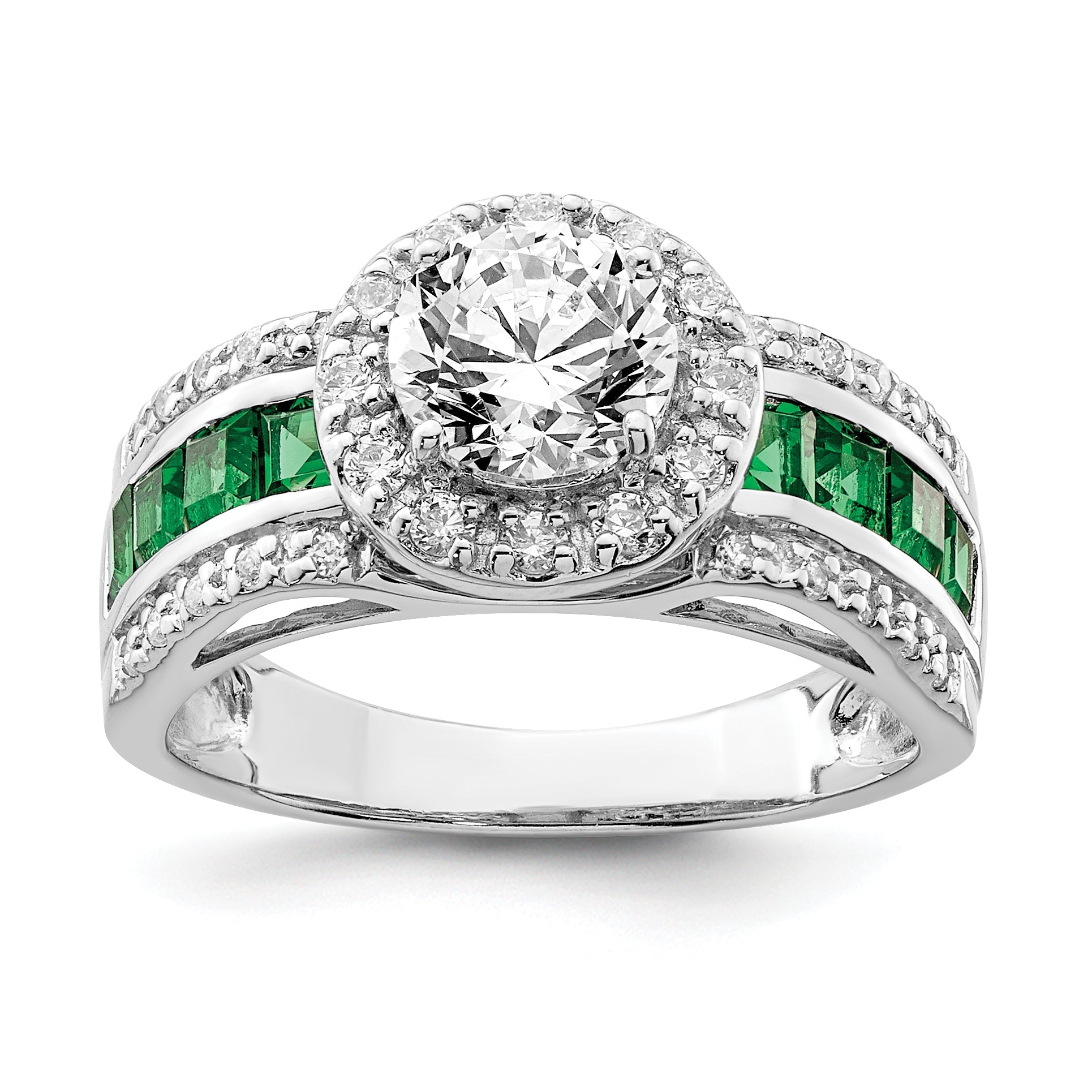 Sterlingsilber Rhodiniert Zirkonia und Im Labor Erzeugt Smaragd Ring